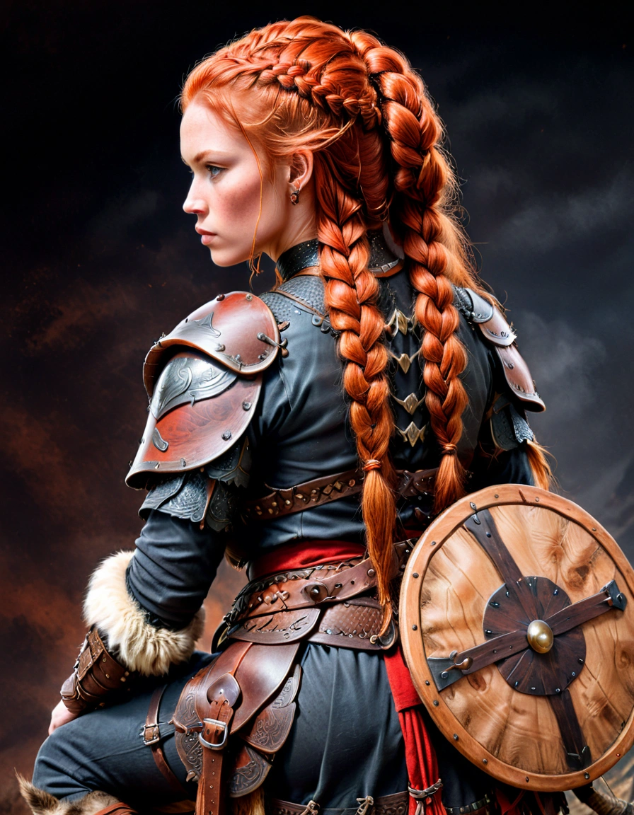 close-up,back view,A digital illustration of A female warrior, long red braided hair , Carved Viking Tomahawk on her shoulder ,a round wooden shield on her back. she wearing dark fur and leather armor ,sitting on horse back with a belt that has a pouch attached.