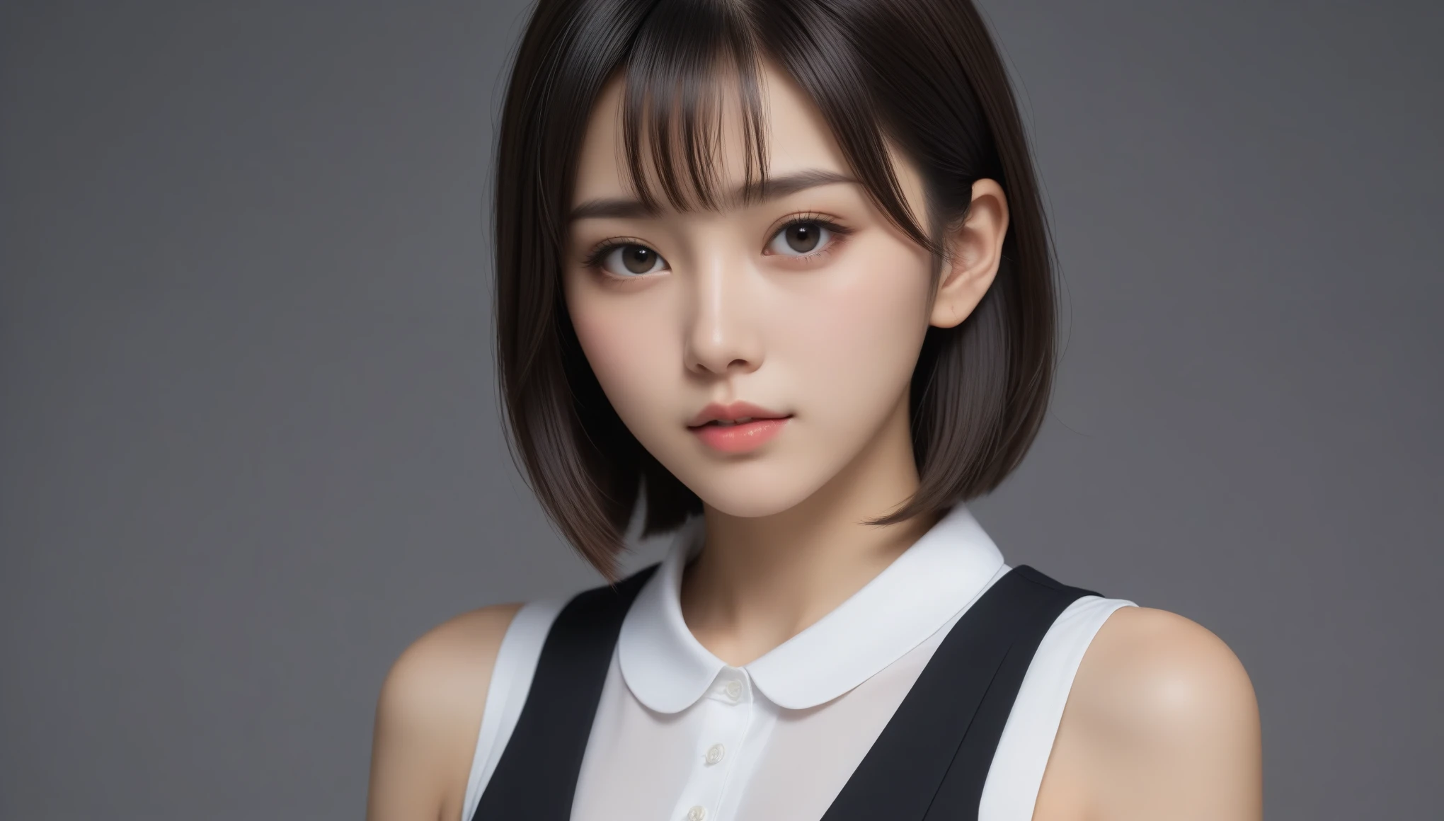 8k, Ultra-high resolution, Highest quality, masterpiece, 三分割法によるphotograph,Surreal, photograph, 1 Girl, (:1.3), pretty girl, Cute Face, Beautiful eyes in every detail, 細かくdetailedに,masterpiece,One Girl:1.2, Japan Female Announcer,extream close up,sad,streaming tears,Black short hair,Messy hair,(black suit:1.3),Nun's clothing,(印象派の美しい少女のPortraiture), (Gray background:1.3),(Impressionist light and colour),prayer,Realistic Skin, Perfect and beautiful face ,完璧でCute Face, Skin with attention to detail, Perfect limbs、Narrow waist,Looking at the audience、beauty,Long neck,clavicle,(((Ideal body type))),A cup small breasts :2,Portraiture:2,Perfect Anatomy,鮮明なdetailed,detailed,Surreal,Light and shadow,spotlight