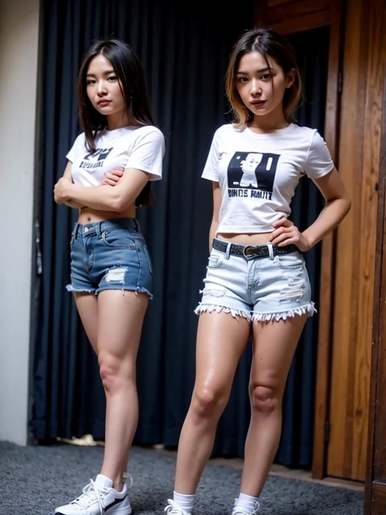 smile、((White lace T-shirt)), ((White shorts))、(The eyes are blue)、((Open Stance))、(((Standing pose with legs wide apart)))、solo、One person、Staring at the audience、((Sexy young woman&#39;s body:1.4)),

