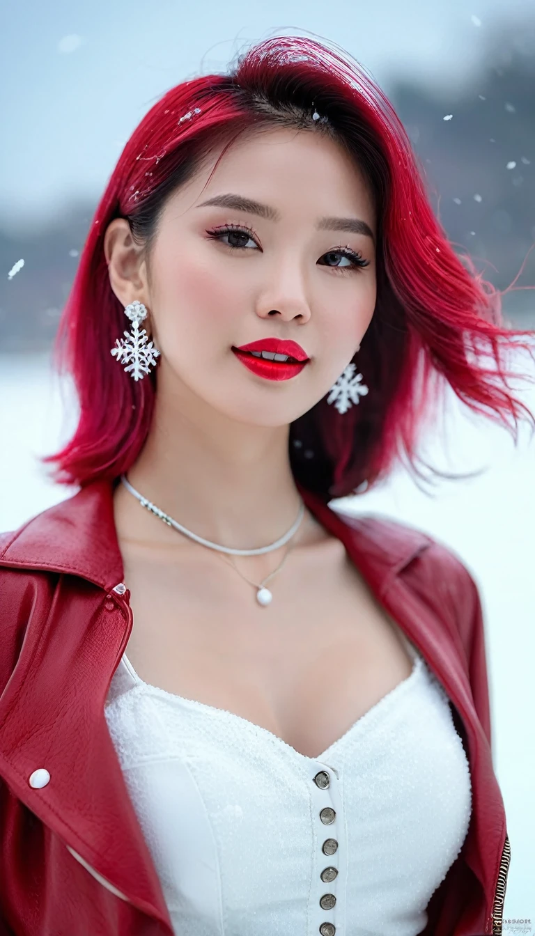 1 southern Vietnamese model girl, extremely beautiful, perfect body. Photo taken with Canon EOS R5 85mm f/11 Camera, ((sharp)) mode of people and surrounding scenery. Image quality ((8K)), ((lifelike)), ((masterpiece)), ((sharp and highest contrast)), ((great depth of field)), ((light stereolithography)). ((Pink hair)), ((high-end cosmetic makeup)), ((bright, radiant smile)), ((brilliant glossy red lipstick)), ((Ivory, white skin bright)), detailed pores, ((glossy skin)), ((Light shining directly on the face)), bright sunlight. Earrings, necklace, belt, ((thin shirt)), ((shiny leather skirt)), high heels, bracelets. Girl standing model pose, ((white snow)), cold wind, ice, cold, numb, ((frozen)), snowflakes, lonely, magical, dreamy, waiting, ((hope)).