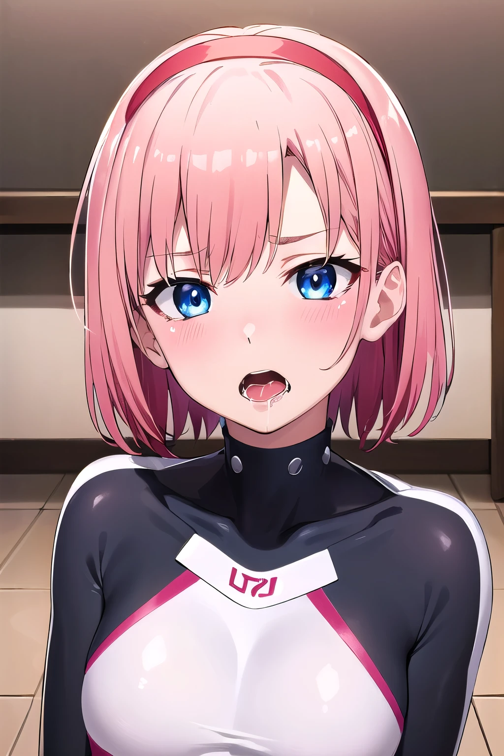 (masterpiece, best quality, ultra-detailed), blue eyes, pink hair, spiky hair, hair intakes, red headband, (red bodysuit:1.2), (portrait shot, upper body), (ahegao), (rolling eyes), naughty face, blush, open mouth, saliva, indoors, looking at viewer