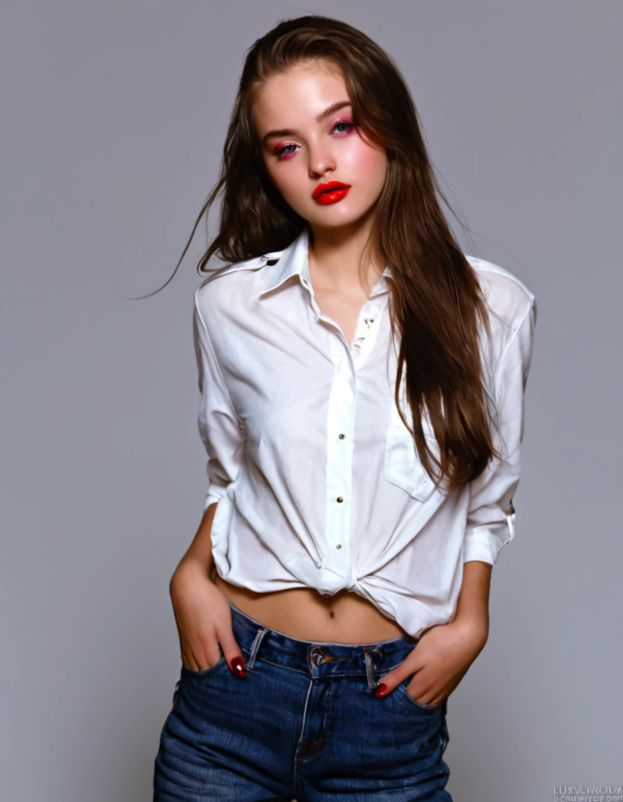 brown long shining hair, (RAW photo), (realism: 1.8), (gloss red lipstick, many eyelashes, dark black eye shadow, shy, blushing, high quality, high resolution, depth of field, chromatic aberration, caustic, wide light, dark pink fair glossy skin, (21-year-old woman), carrying red shirt in sholder, stylish , white shirt-blue jeans, lots of exposure, pose, visible 8k resolutions, magical, 1920s fashion, roaring twenties,background The atmosphere of the 1920s,full body shot