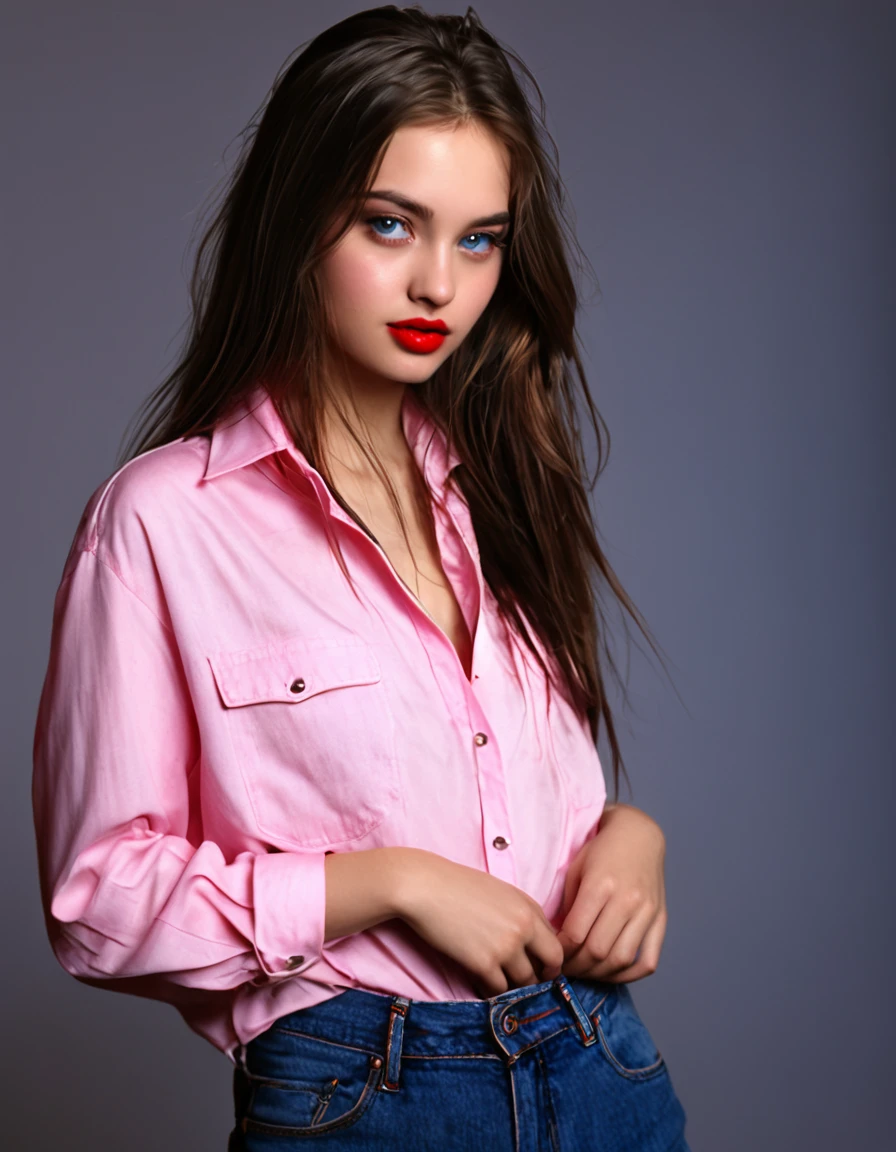 brown long shining hair, (RAW photo), (realism: 1.8), (gloss red lipstick, many eyelashes, dark black eye shadow, shy, blushing, high quality, high resolution, depth of field, chromatic aberration, caustic, wide light, dark pink fair glossy skin, (21-year-old woman), carrying red shirt in sholder, stylish , white shirt-blue jeans, lots of exposure, pose, visible 8k resolutions, magical, 1920s fashion, roaring twenties,background The atmosphere of the 1920s,full body shot
