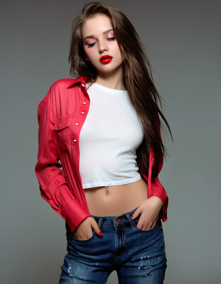 brown long shining hair, (RAW photo), (realism: 1.8), (gloss red lipstick, many eyelashes, dark black eye shadow, shy, blushing, high quality, high resolution, depth of field, chromatic aberration, caustic, wide light, dark pink fair glossy skin, (21-year-old woman), carrying red shirt in sholder, stylish , white shirt-blue jeans, lots of exposure, pose, visible 8k resolutions, magical, 1920s fashion, roaring twenties,background The atmosphere of the 1920s,full body shot