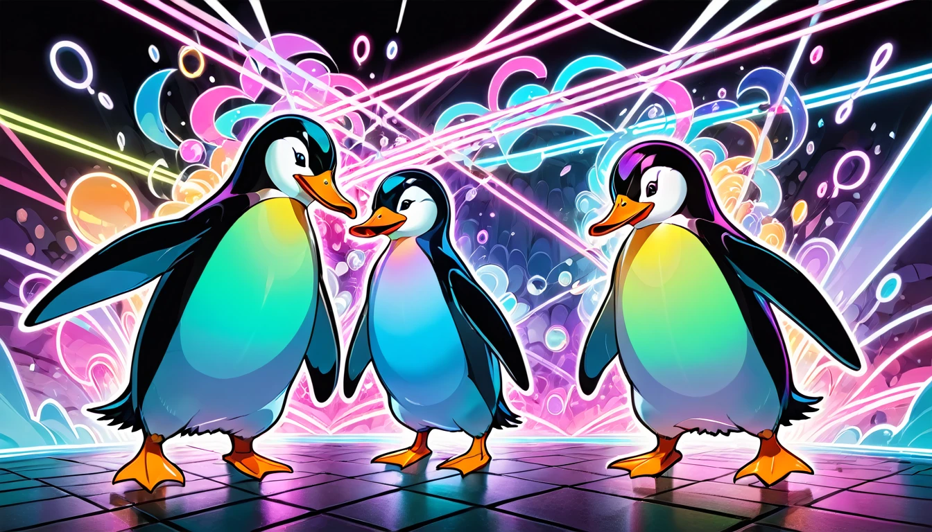 line art, iridescent neon light effect, 2.5D, delicate and dynamic, arguing penguin and duck, poorly drawn cartoon-style images, shading, colorful patchwork of contrast magic