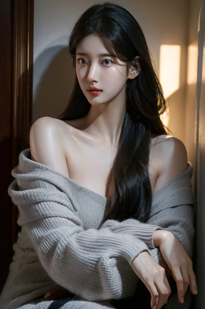 8k, masterpiece, RAW photos, best quality, realistic, Highly detailed CG Unity 8k wallpaper, depth of field, Cinematic Light, lens flare, ray tracing, (very beautiful face, beautiful lips, beautiful eyes), Face with intricate details, ((highly detailed skin)), best quality, masterpiece, ultra high resolution, (realistic photo:1.5), Original image, luxury long dress, 1 woman, off shoulder, in the dark, deep shadows, low song, cold light, sexy look, long gray hair,house,restroom,selfie,pretty,rim light,Swirling hair, medium shot, big bust, korean girl, korean