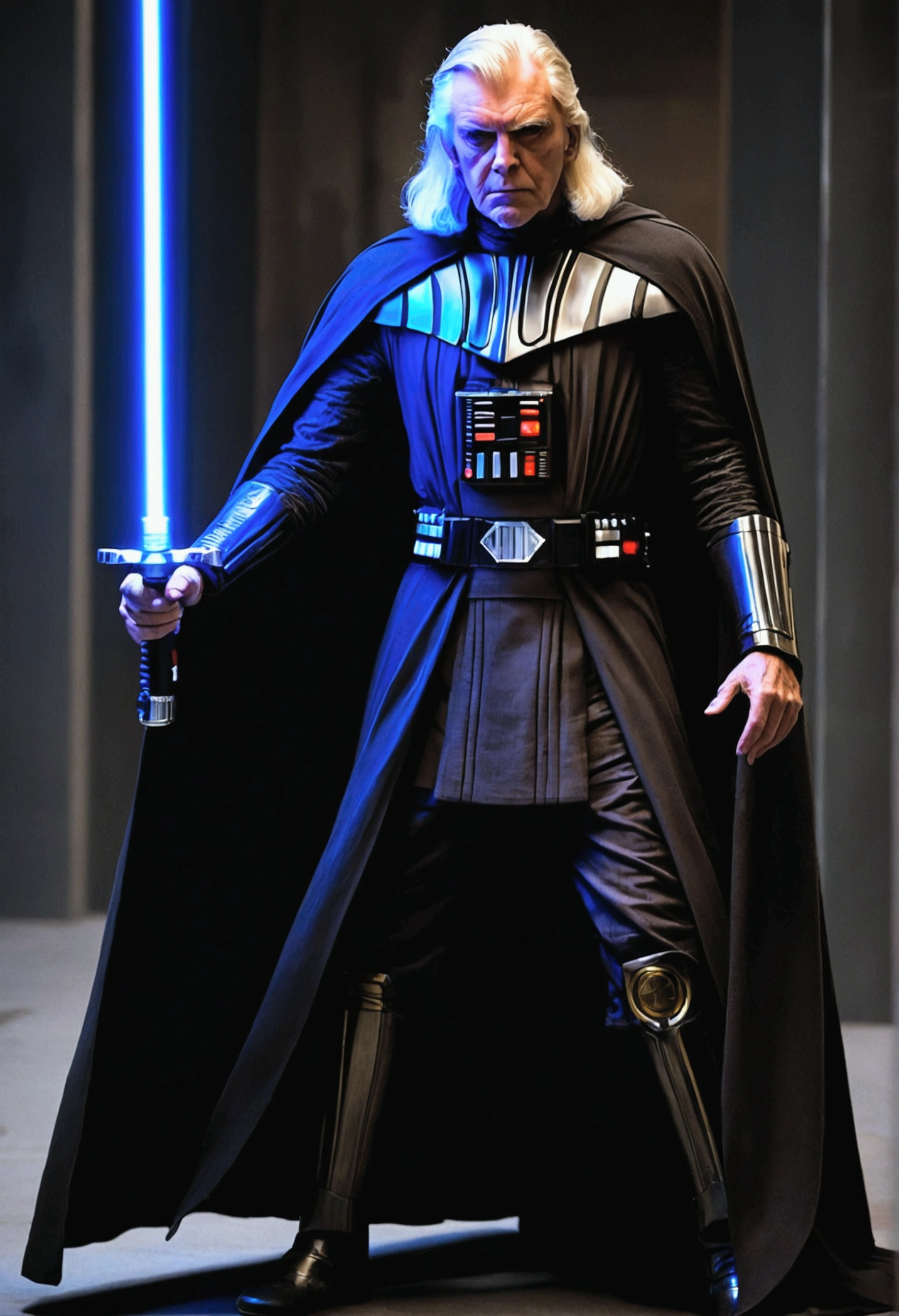 Darth Xedrix. No armor visible under the cape. Blue and gold cape. He's very tall, but very thin. He has long, shoulder-length white hair. His face is wrinkled and there is a slight curve between his shoulders. Fragile and cautious. “He's human - they're an inferior species. Over the decades, the dark side has made great demands on his body. He's nothing but a shadow of his former self.". Red lightsaber.