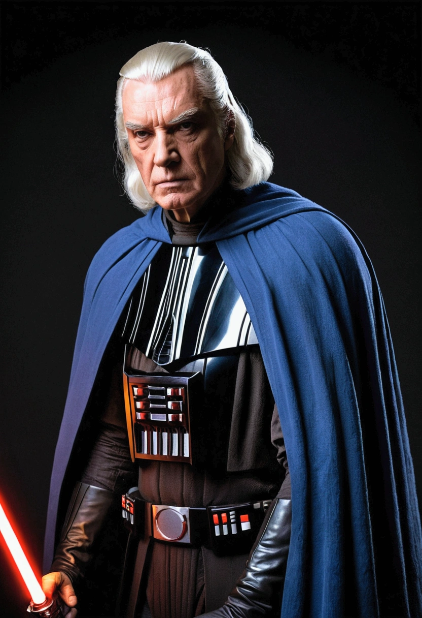 Darth Xedrix. No armor visible under the cape. Blue and gold cape. He's very tall, but very thin. He has long, shoulder-length white hair. His face is wrinkled and there is a slight curve between his shoulders. Fragile and cautious. “He's human - they're an inferior species. Over the decades, the dark side has made great demands on his body. He's nothing but a shadow of his former self.". Red lightsaber.