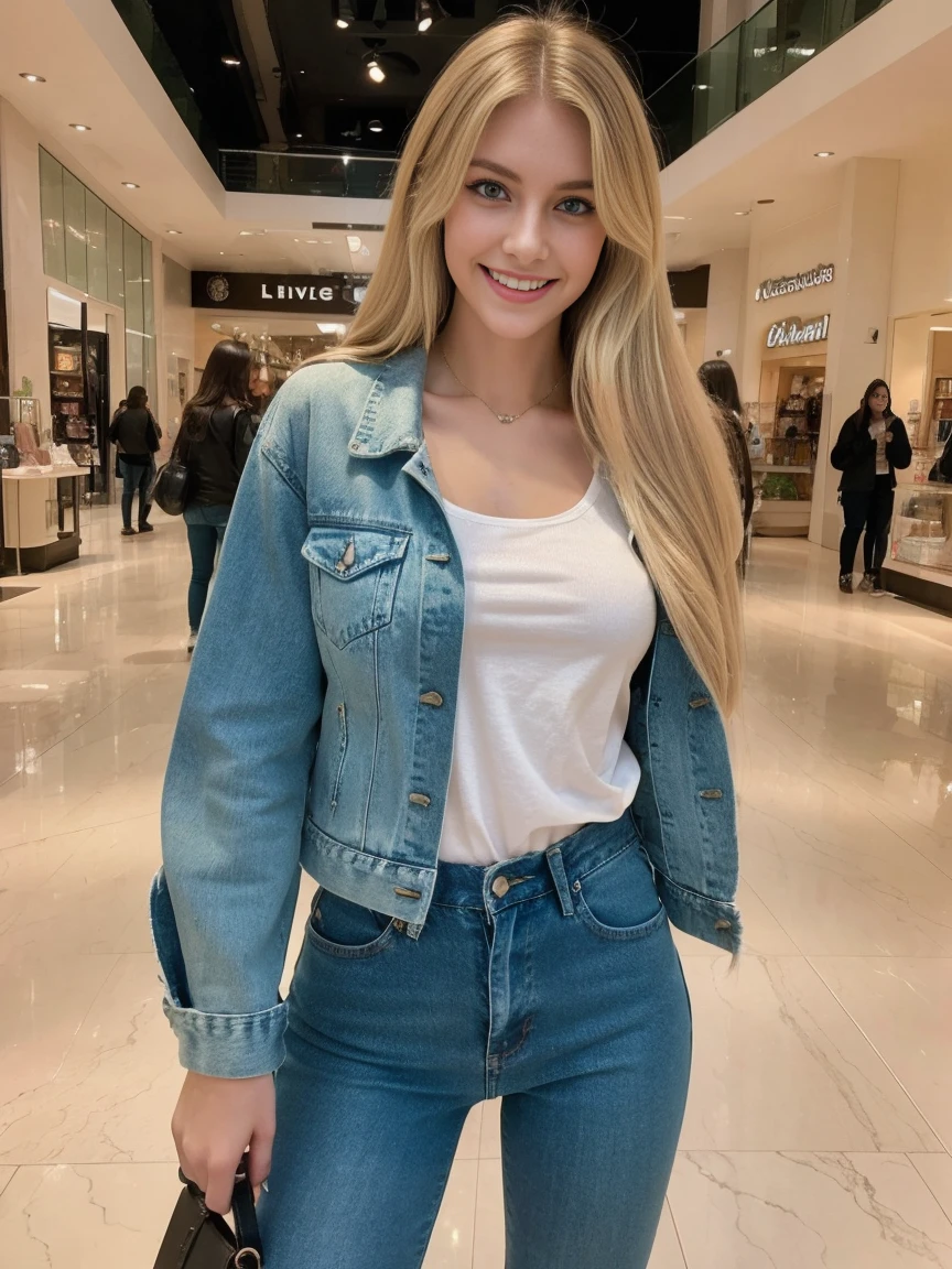 blonde girl, big beautiful green eyes, slim about 45 kilos, 150 centimeters tall, perfect waist, beautiful and perfect natural smile, smiling, beautiful and perfect appearance, real life, hyper real, high quality details, extremely real, real photo , extremely careful image, great quality of details with great and beautiful luminosity, 8k, photograph taken with a Nikon z8 with a Nikkor Z 50mm f/1.8 S lens. Dressed in ripped jeans, ankle boots, a white blouse and a denim jacket. buying clothes in the mall, among people