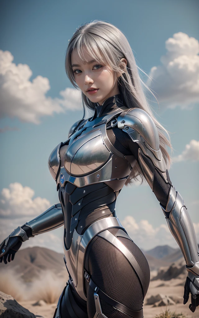 8K， 最好of品质， masterpiece， Ultra-high resolution， （Reality： 1.4），Girls send future combat suits，Green pupils，Cloudy background，dark clouds，of，Air battle scene background，坠毁of飞机，飞行of防空of火焰机器鸟，真正of女人，cleveage，serious，可爱of女性 ，Smile，完美of女孩，美丽of女人 ，beautiful girl，Silver hair，Robot，CG，