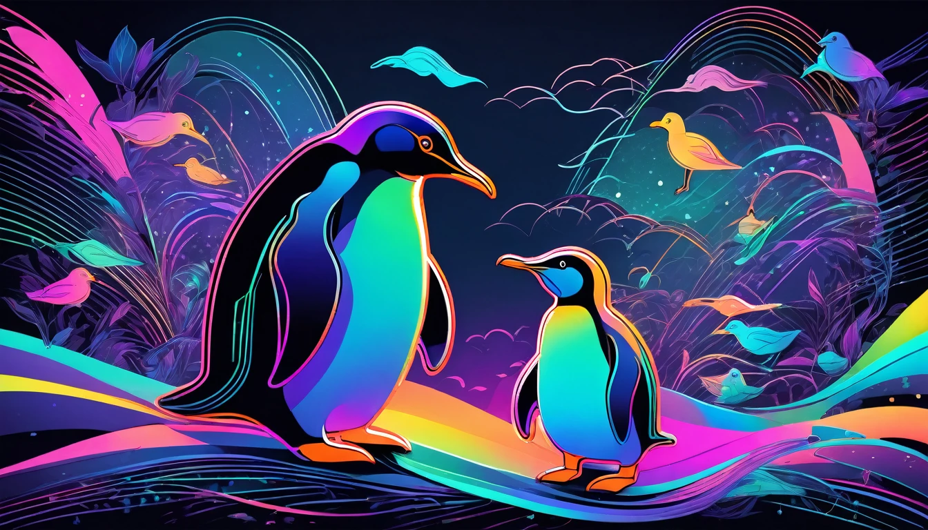 line art, iridescent neon light effect, 2.5D, delicate and dynamic, arguing penguin and duck, poorly drawn cartoon-style images, shading, colorful patchwork of contrast magic