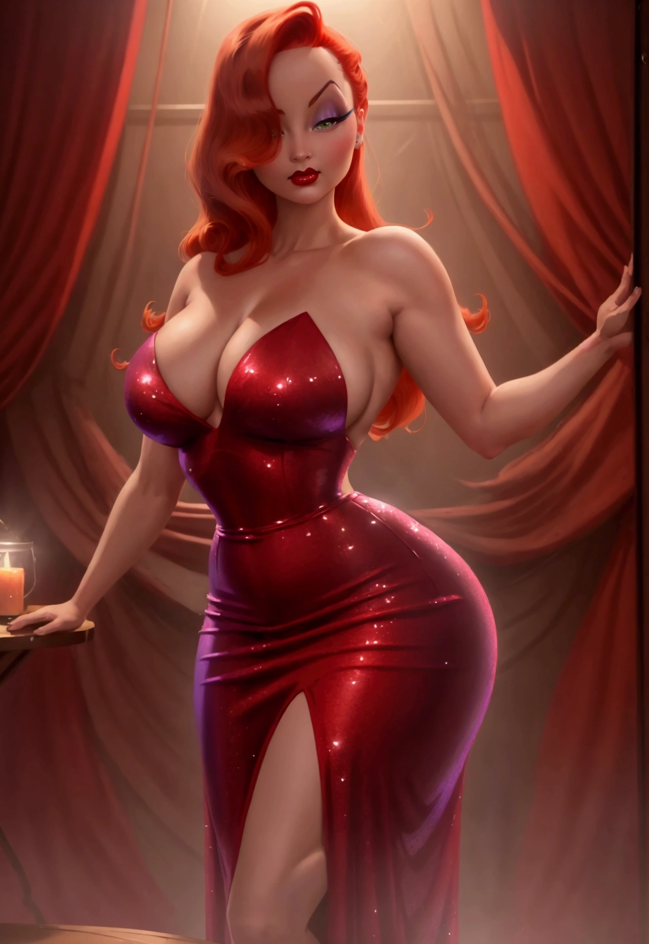 A gorgeous, voluptuous cartoon woman with striking red hair styled in a 1940s-inspired updo. She has a classically beautiful face with large, expressive eyes, long eyelashes, and full red lips. Her figure is curvaceous, accentuated by a tight-fitting, low-cut purple dress with a thigh-high slit. She strikes a confident, alluring pose, one hand on her hip as she looks directly at the viewer with a sultry gaze. The background is a dimly lit, film noir-inspired setting, creating an atmosphere of mystery and intrigue. Detailed face, dynamic pose, cinematic lighting.