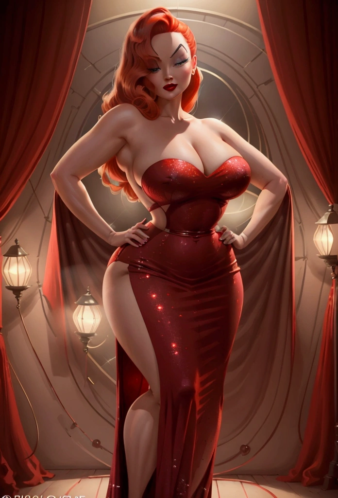 A gorgeous, voluptuous cartoon woman with striking red hair styled in a 1940s-inspired updo. She has a classically beautiful face with large, expressive eyes, long eyelashes, and full red lips. Her figure is curvaceous, accentuated by a tight-fitting, low-cut purple dress with a thigh-high slit. She strikes a confident, alluring pose, one hand on her hip as she looks directly at the viewer with a sultry gaze. The background is a dimly lit, film noir-inspired setting, creating an atmosphere of mystery and intrigue. Detailed face, dynamic pose, cinematic lighting.