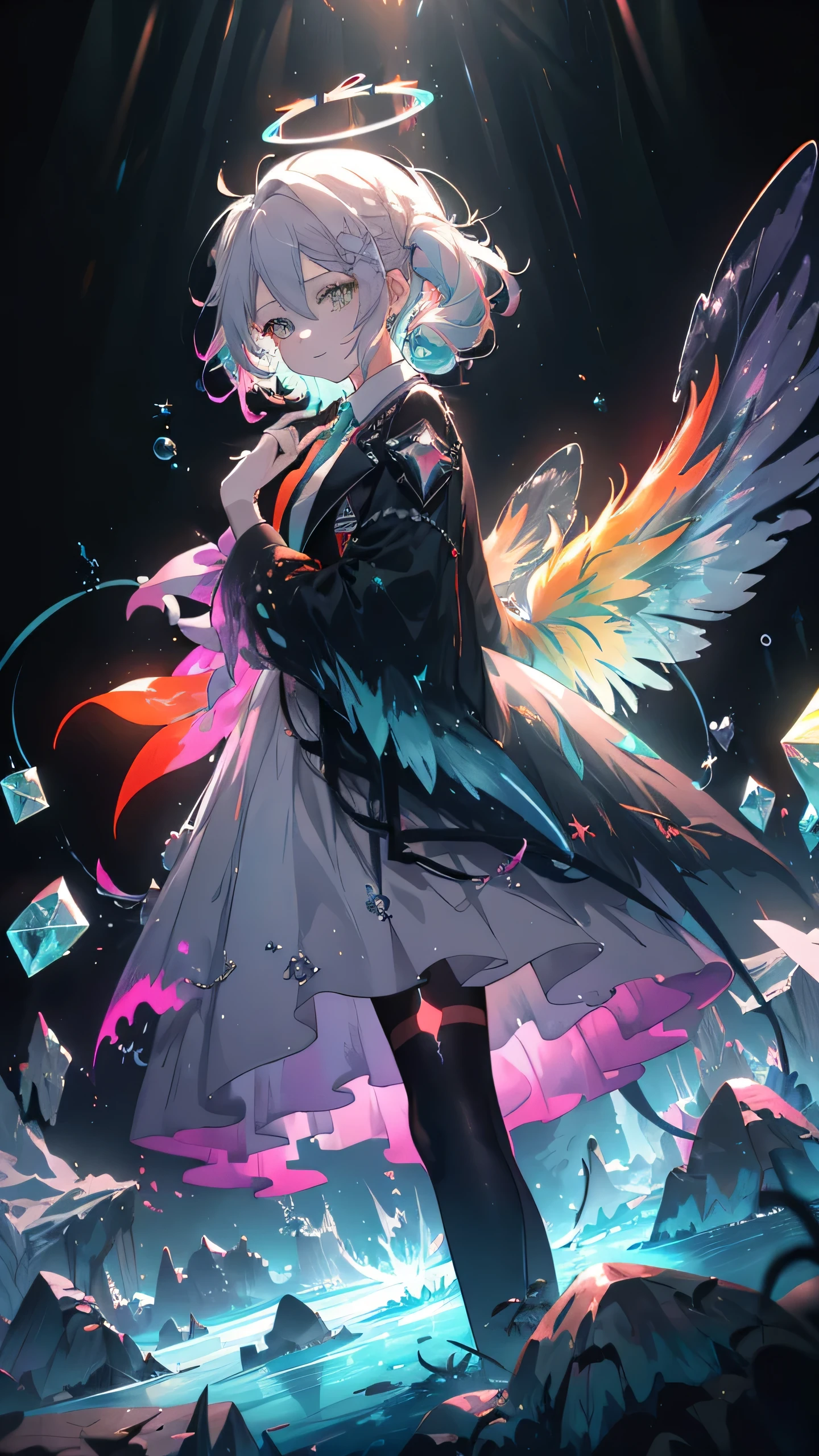 (Highest picture quality),(Masterwork),(ultra-detailed),(Detailed eye description:1.0),(lens flare:1.0),(movie poster:1.0),(Tarot border:1.0),the portrait is centered,(close-up:1.0),(negative space:0.8),(negative space:1.6),(solo),(floating colorful {wind|water magic|ink|crystals|ice|fire|flame|lightning|web|rocks|sand|particles|sparkles|blood}:1.0),(many colorful {soap bubbles|clouds|thorns|spikes|vines|currents|spirals|halos|wings|tattoos|cubes|octahedron}:1.0),(floating {red|green|blue|aqua|purple|yellow|black|white|grey|pink|orange|lime} {ribbons|feathers|particles|blades|droplets|snowflakes|soft balls}:1.0),({crystal|ice|fire|flame|wind|water|earth|stone|space|musical|sonic|vortex} {magic|wings}:1.0), ({ray tracing,glowing|dappled sunlight,light rays,caustics|night,black theme|mysterious,eerie|easygoing,pastel}:1.2), ({colorful|iridescent|multicolored}:1.0),(beautiful detailed glow:1.0),({leaning forward|leaning back|leaning to the side|}:1.2),{(smile:1.0)|(smirk:1.0)|(grim expression:1.0)},({small|small||lips,eyelashes}:1.0),{(open mouth:1.0)|(closed mouth:1.0)|},({eyelashes|eyeshadow||}),{one eye closed|||},({red|green|blue|aqua|purple|yellow|black|white|grey|pink|orange|lime} hair:1.4),({short|long|medium} hair:1.0),({from below|from above|from side|from behind|facing viewer}:1.3),(halo:1.3),(head tilt:1.0),(dynamic pose:1.1),(asymmetrical hair:1.2),({red|green|blue|aqua|purple|yellow|black|white|grey|pink|orange|lime} {armor|dress|collared shirt|suit|outfit}:1.0),({formal|military|techwear|urban style|casual,casual clothes|fantasy,magician|feral,tribal|sci-fi,futuristic}),({plaid skirt|layered skirt|puffy dress|tights|pants|shorts}),({red|green|blue|aqua|purple|yellow|black|white|grey|pink|orange|lime} {eyes|eyes|pupils}:1.4),{(forehead:1.5),asymmetrical bangs|diagonal bangs|hair between eyes|blunt bangs|swept bangs},{one eye covered|ponytail|high twintails|||},{straight hair|wavy hair|drill hair||},{long coat|suit jacket|cloak|sweater|tie||}
