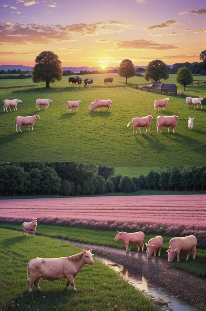 "Draw a 3D children's farm scene with several elements: multiple cows grazing in the field, a white rabbit near a barn, a horse running or standing in a paddock, other farm animals like chickens, sheep, and pigs scattered around the scene, a river running through the farm, and a sunset on the horizon with vibrant colors of orange, pink, and purple in the sky."