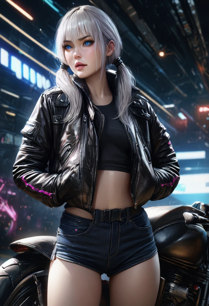 realistic, photorealistic, photo-realistic:1.37, (best quality,4k,8k,highres,masterpiece:1.2),ultra-detailed, cyber punk, young girl, white hair, blue eyes, twin pigtails, black top, motorcycle jacket, short shorts, detailed facial features, detailed eyes, detailed lips, highly detailed, intricate design, dynamic pose, moody lighting, cinematic, vibrant colors, rich textures