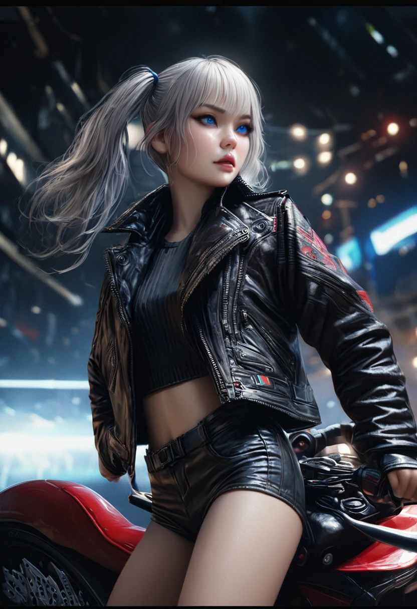 realistic, photorealistic, photo-realistic:1.37, (best quality,4k,8k,highres,masterpiece:1.2),ultra-detailed, cyber punk, young girl, white hair, blue eyes, twin pigtails, black top, motorcycle jacket, short shorts, detailed facial features, detailed eyes, detailed lips, highly detailed, intricate design, dynamic pose, moody lighting, cinematic, vibrant colors, rich textures