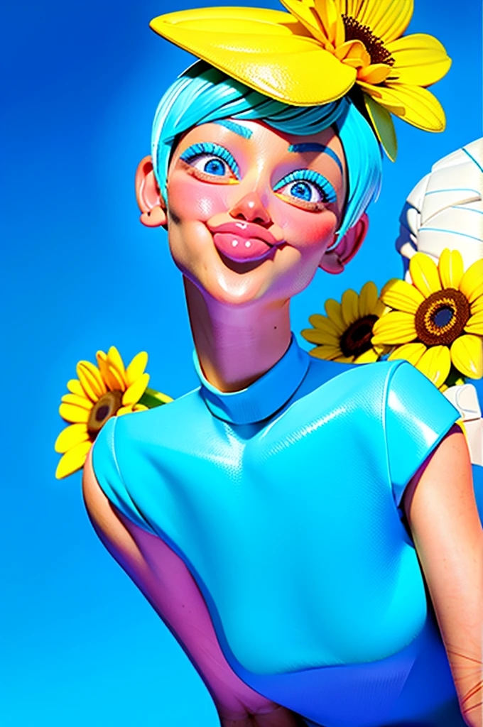 create a 3d illustration, model realisitic, exuberant, woman sofisticaded, really short hair, luxury, realisitic, vivid blue eyes, ninth time, Pixar-style, fashionable,smiling, happy face, yellow flower dress, vivid blue short cut hair, Search for the camera, White background, Photo of the center
