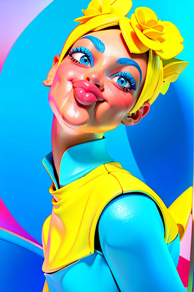 create a 3d illustration, model realisitic, exuberant, woman sofisticaded, really short hair, luxury, realisitic, vivid blue eyes, ninth time, Pixar-style, fashionable,smiling, happy face, yellow flower dress, vivid blue short cut hair, Search for the camera, White background, Photo of the center
