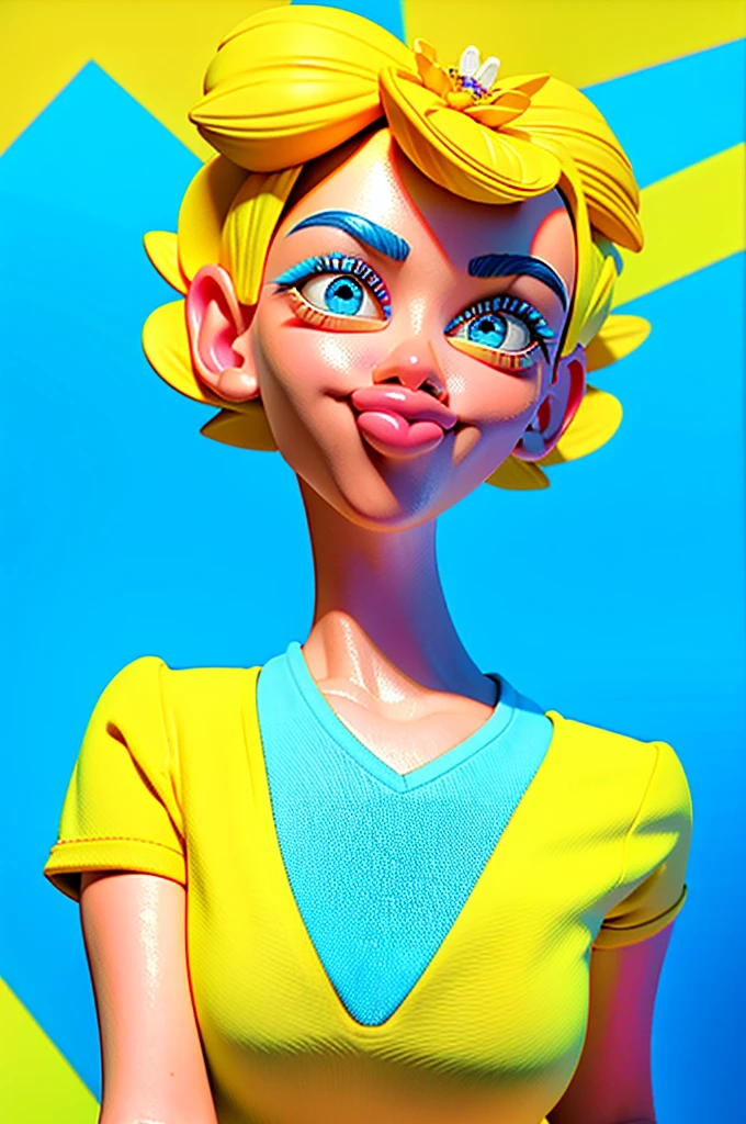 create a 3d illustration, model realisitic, exuberant, woman sofisticaded, really short hair, luxury, realisitic, vivid blue eyes, ninth time, Pixar-style, fashionable,smiling, happy face, yellow flower dress, vivid blue short cut hair, Search for the camera, White background, Photo of the center
