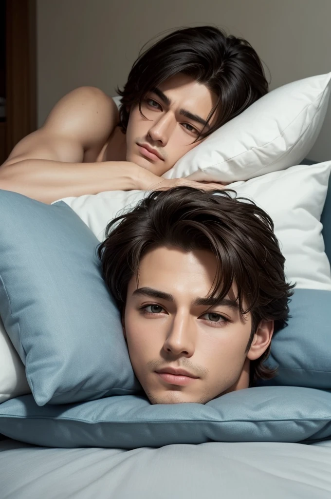 Two muscular guys, lying in bed wearing Calvin Klein underwater, lying next to one another, shoulder touched and kissing while looking at each other, image full body, atmospheric perspective, cinematic lighting, image fill, cinematic lighting, depth of field, 8k, super detail, c, best quality, masterpiece, super detail, high details, high quality, best quality, award winning, HD, 4K