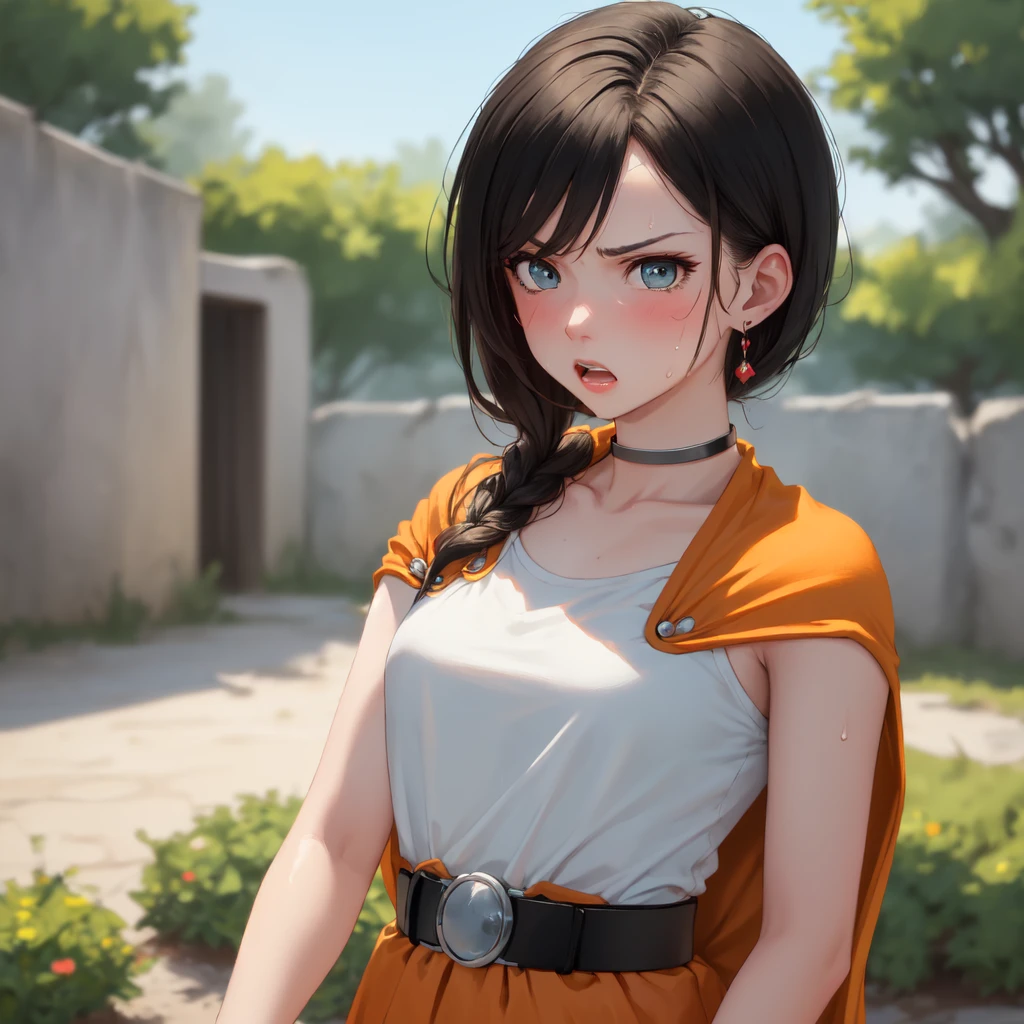 (masterpiece,Best,quality:1.3), masterpiece, Highest quality, DQ Bianca, 1 person, Single Blade, Earrings, choker, Orange Cape, Green Dress, belt, Small breasts, 1 personで, Being massaged, Upper Body, hot, Sweating a lot, Wipe away sweat, looking at the camera, angry