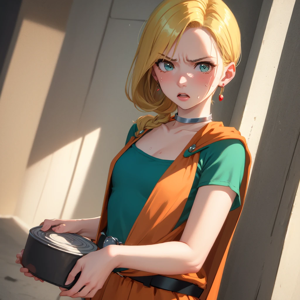 masterpiece, Highest quality, DQ Bianca, 1 person, Single Blade, Earrings, choker, Orange Cape, Green Dress, belt, Small breasts, 1 personで, Having a meal, Upper Body, hot, Sweating a lot, Wipe away sweat, looking at the camera, angry