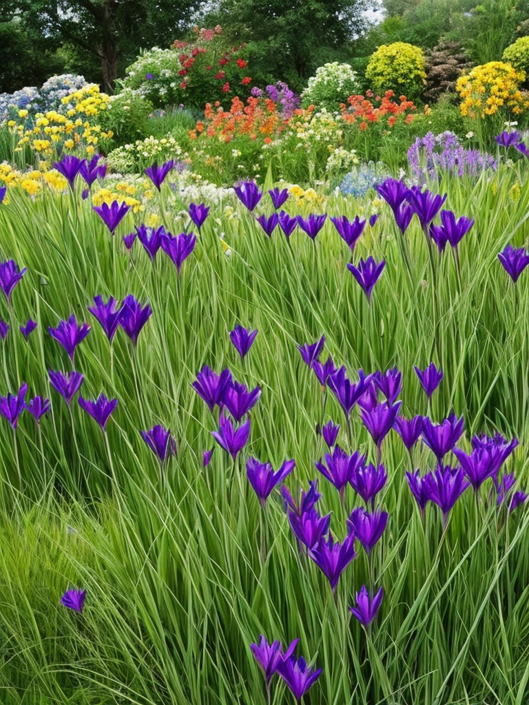 three black gladiols in a garden with green grass, a digital rendering by Andre de Krayewski, flickr, sōsaku hanga, black flowers, purple and scarlet colours, nice deep colours, black and red colors, crimson - black color scheme, red irises, black-crimson color scheme, their irises are red, with black vines