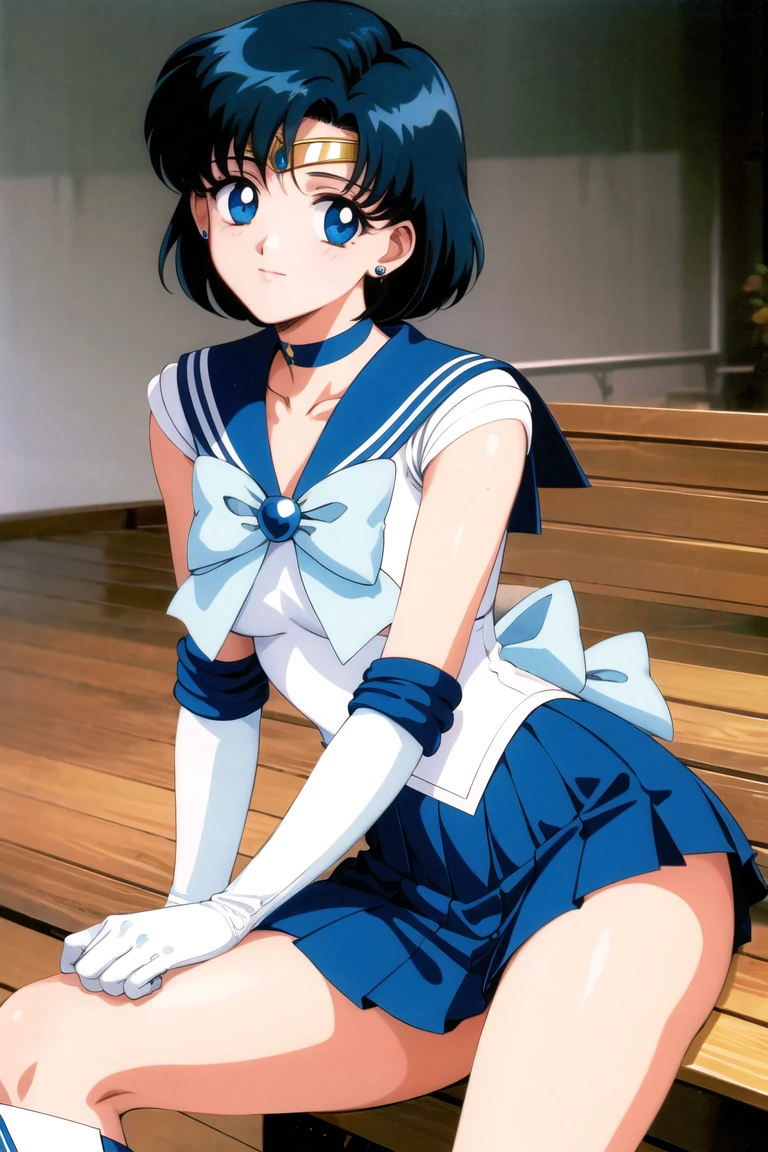 masterpiece, Highest quality, High resolution, Mel 1, tiara, Sailor Warrior Uniform, Blue sailor collar, bow, Knee Boots, choker, White gloves, blue choker, elbow gloves, jewelry, Earrings, Blue Skirt, Cowboy Shot, 1990s \(style\), Sitting, bench