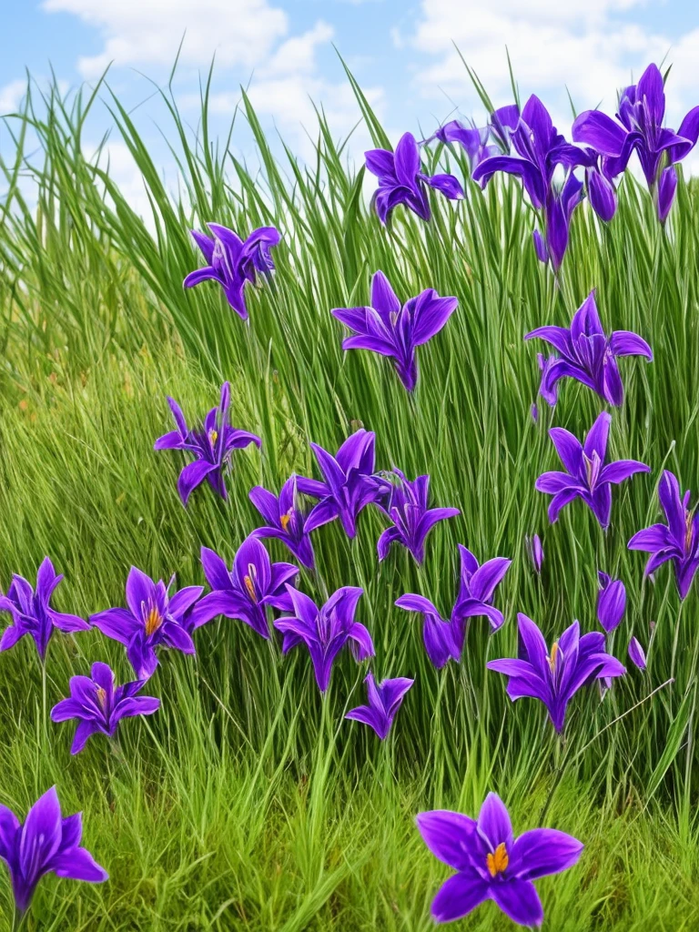 three black gladiols in a garden with green grass, a digital rendering by Andre de Krayewski, flickr, sōsaku hanga, black flowers, purple and scarlet colours, nice deep colours, black and red colors, crimson - black color scheme, red irises, black-crimson color scheme, their irises are red, with black vines