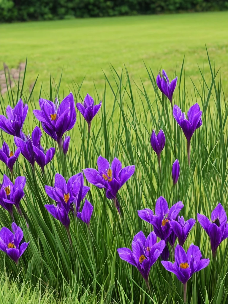 three black gladiols in a garden with green grass, a digital rendering by Andre de Krayewski, flickr, sōsaku hanga, black flowers, purple and scarlet colours, nice deep colours, black and red colors, crimson - black color scheme, red irises, black-crimson color scheme, their irises are red, with black vines