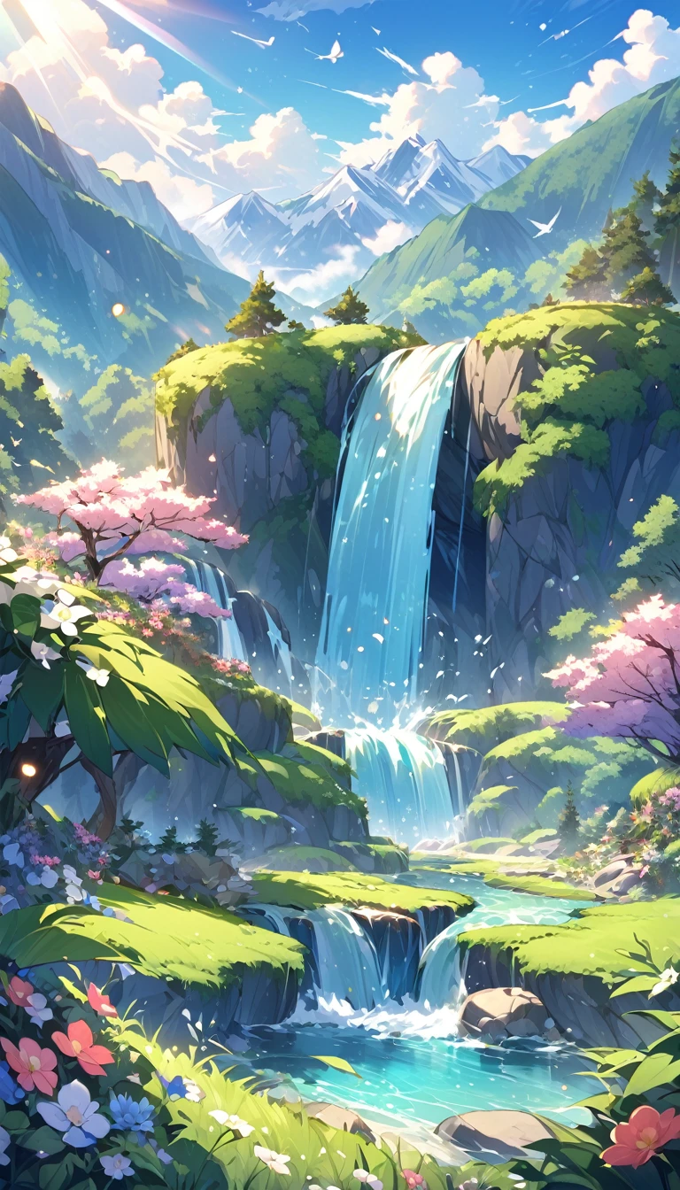 Under the blue sky、A beautiful waterfall surrounded by lush forest。The waterfall sparkles in the sunlight.、Splashes are flying around。Colorful flowers bloom around the waterfall、The chirps of small birds echo through the air.。Mountains in the distance々is a series of、The scenery spreads out, giving a sense of the grandeur of nature.。This place、Filled with tranquility and beauty to soothe the soul。