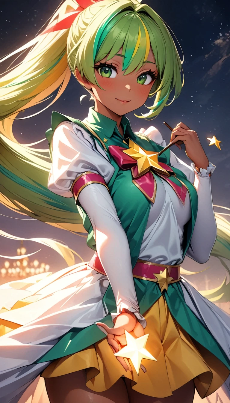 (highest quality:1.2, Very detailed, up to date, Vibrant, Ultra-high resolution, High Contrast, masterpiece:1.2, highest quality, Best aesthetics), Portraiture、solo, girl、(slim:1), (25-years-old:1.5), magical girl, ((holding a stick on hand, shinning star at the top of stick:1.5)), in magic kingdom, (sunshine), Bright colors、Beautiful fine details、Beautiful lip detail、long hair、ponytail, white and yellow green ((streaked hair:1.6)), highlights hair: 1.5, (medium breast:1) , (tan skin:0.9), cute pose, ((cowboy shot:1))