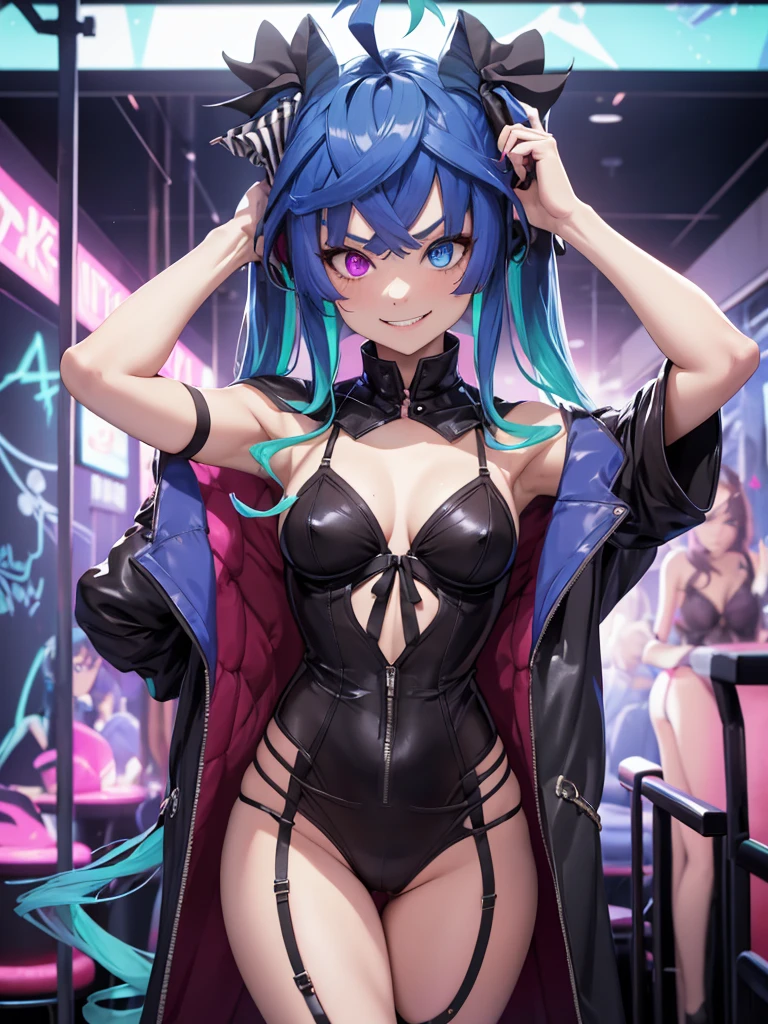 (masterpiece、top-quality、hight resolution、Unity 8k Wallpaper、extremely details CG:1)、In a dimly lit nightclub, a provocative woman stands at the center of attention. She is wearing a long coat, ((which she has dramatically opened wide to reveal a scandalous outfit or just lingerie underneath.)) The woman is facing forward, looking directly at the viewer with a bold, teasing expression on her face. Her pose is confident and daring, exuding an aura of seduction. The background features typical nightclub elements such as neon lights, a bar, and silhouettes of other patrons. The overall mood is one of boldness, allure, and provocation. nsfw, ((evil grin)), Twin_Turbo_Umamusume, aqua hair, twintails, heterochromia, purple eyes, blue eyes, sharp teeth, nsfw, short stature, small breasts