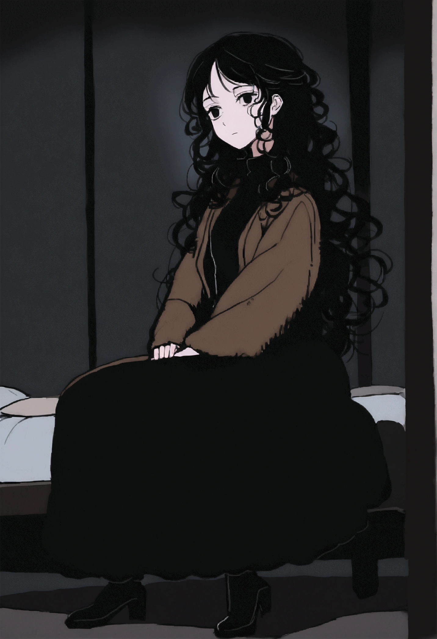 (detailed), (((gothic girl))), (arab features), ((brown sheepskin jacket)), ((black curly hair loose hair)), (calm face), ((by the wide)), ((tall black boots)), (((Whole body))), ((sitting on the bed in a room)), (black turtleneck sweater), ((only one person)), (at night), ((poorly lit room)), (In the dark),