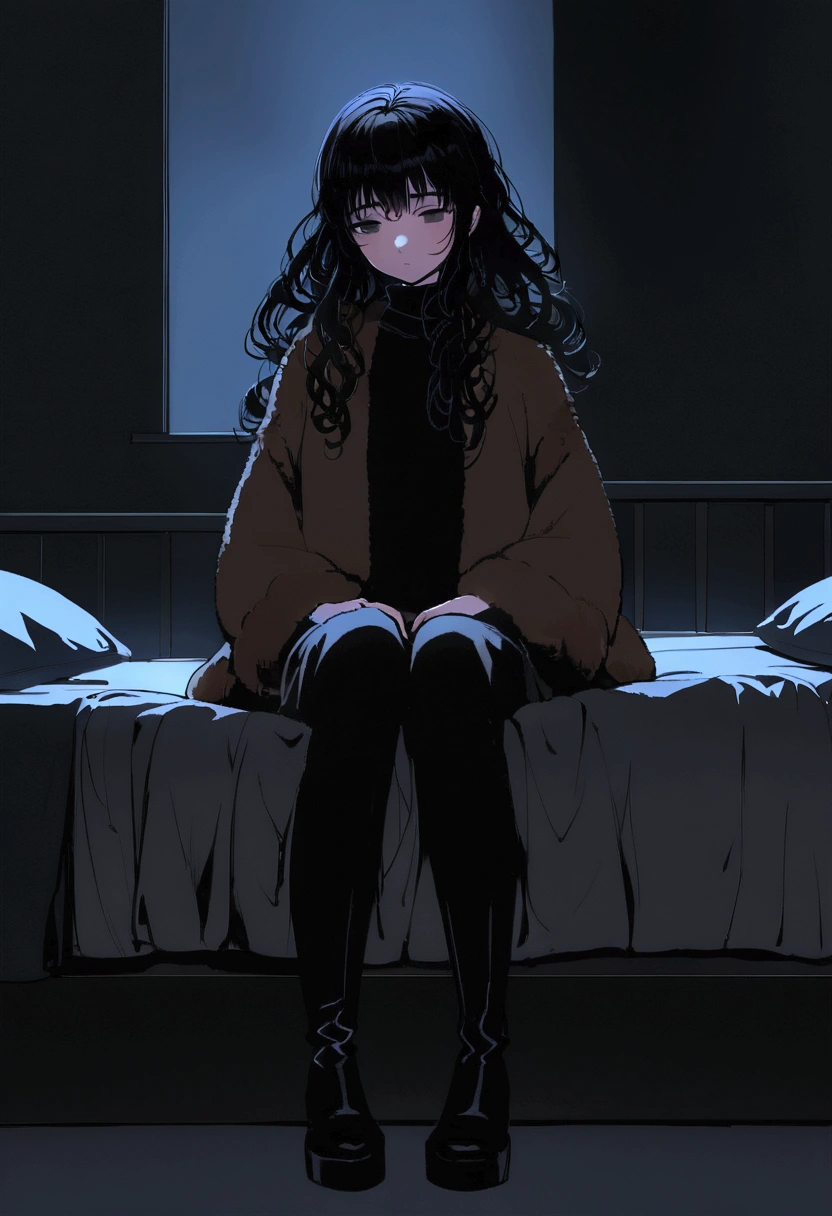 (detailed), (((gothic girl))), (arab features), ((brown sheepskin jacket)), ((black curly hair loose hair)), (calm face), ((by the wide)), ((tall black boots)), (((Whole body))), ((sitting on the bed in a room)), (black turtleneck sweater), ((only one person)), (at night), ((poorly lit room)), (In the dark),