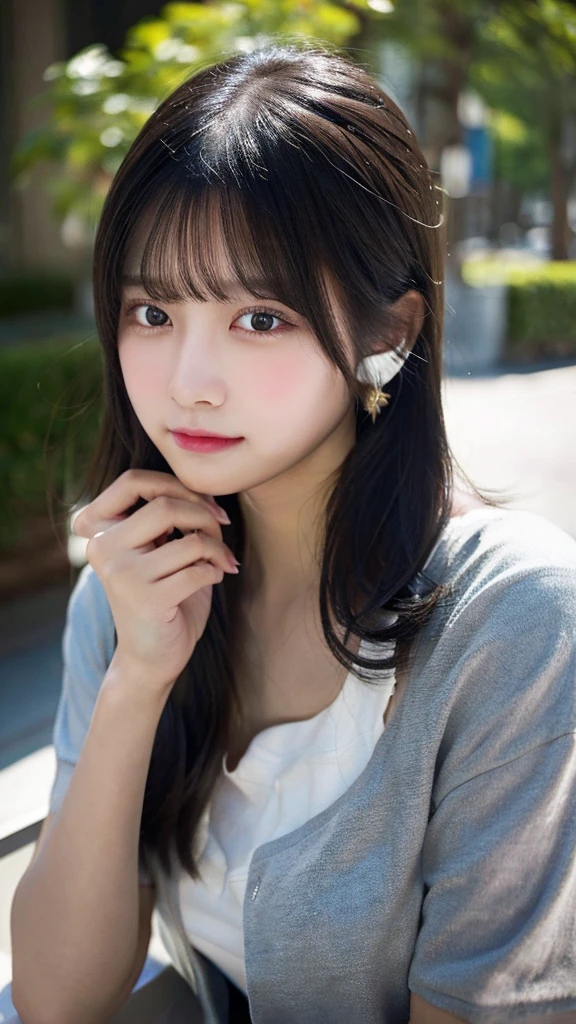 High resolution, Anatomically correct, Highest quality, masterpiece, Black Hair, Shortcuts, One girl, Blushing, Jealousy, Simple Background, earphone, Overexposure,