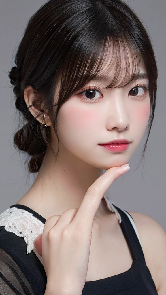 High resolution, Anatomically correct, Highest quality, masterpiece, Black Hair, Shortcuts, One girl, Blushing, Jealousy, Simple Background, earphone, Overexposure, 