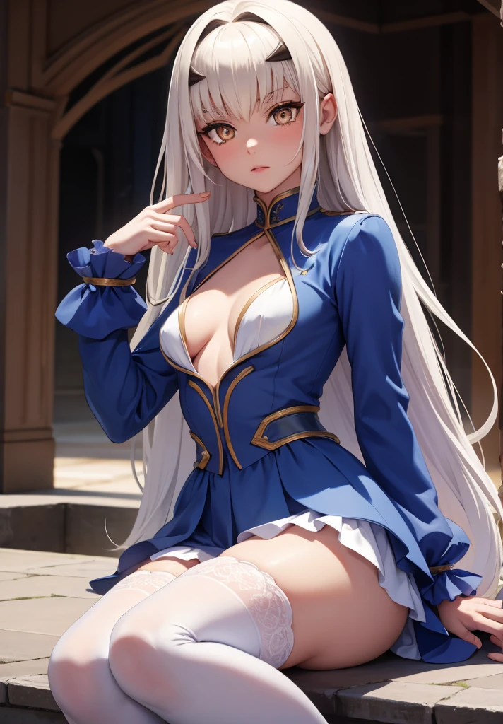 melusine, melusine, (brown eyes:1.5), long hair, white hair, sidelocks, (small breast:1.2),
BREAK blue dress, dress, frills, long sleeves, thighhighs, thighs, white thighhighs,
BREAK looking at viewer,
BREAK outdoors,
BREAK (masterpiece:1.2), best quality, high resolution, unity 8k wallpaper, (illustration:0.8), (beautiful detailed eyes:1.6), extremely detailed face, perfect lighting, extremely detailed CG, (perfect hands, perfect anatomy),