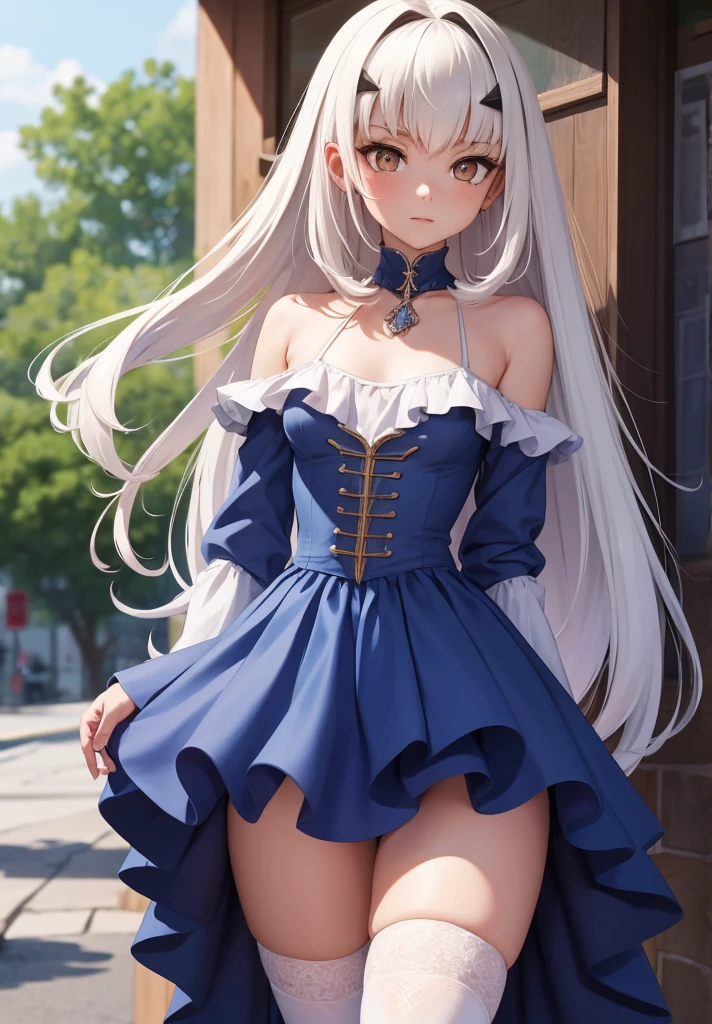 melusine, melusine, (brown eyes:1.5), long hair, white hair, sidelocks, (small breast:1.2),
BREAK blue dress, dress, frills, long sleeves, thighhighs, thighs, white thighhighs,
BREAK looking at viewer,
BREAK outdoors,
BREAK (masterpiece:1.2), best quality, high resolution, unity 8k wallpaper, (illustration:0.8), (beautiful detailed eyes:1.6), extremely detailed face, perfect lighting, extremely detailed CG, (perfect hands, perfect anatomy),