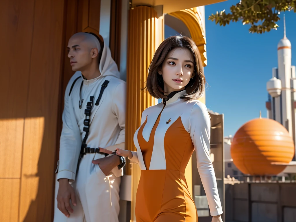 Arabic style image of a woman in a futuristic suit with a spaceship in the background, Cinematic art, In front of an orange background, Inspired by Robert McGinnis, Female protagonist, Megastructure in the background, AIastronautの肖像, astronaut, astronaut, astronautのスケルターの肖像画, Perfect android girl, frank franzzeta and sakimichan