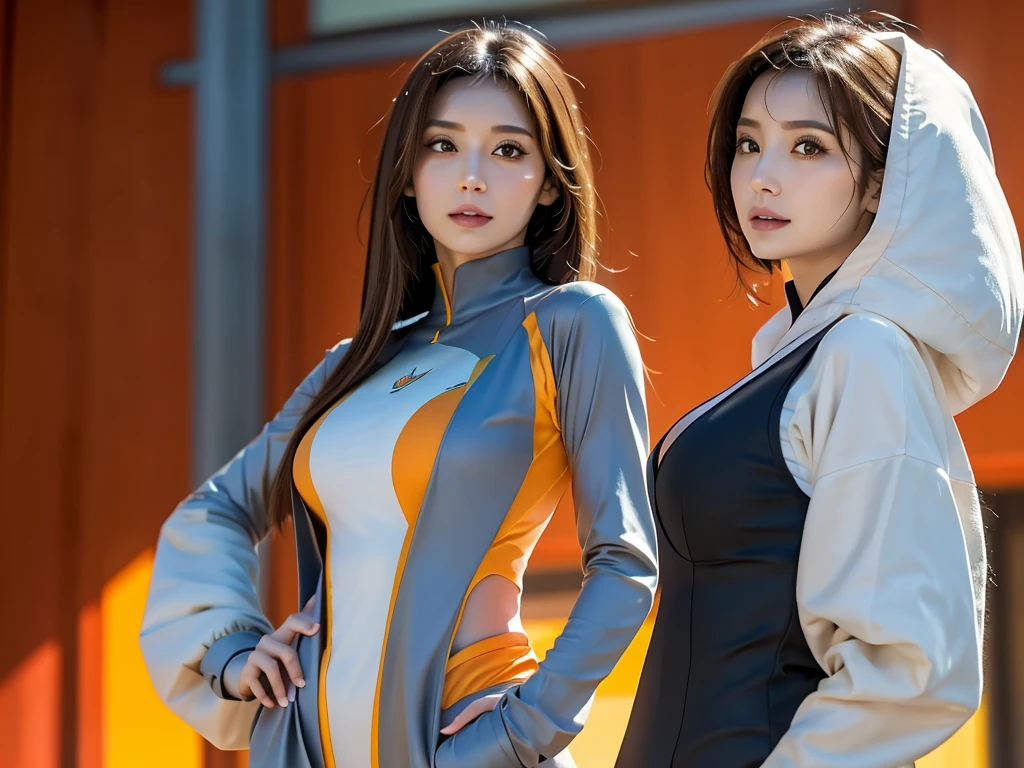 Arabic style image of a woman in a futuristic suit with a spaceship in the background, Cinematic art, In front of an orange background, Inspired by Robert McGinnis, Female protagonist, Megastructure in the background, AIastronautの肖像, astronaut, astronaut, astronautのスケルターの肖像画, Perfect android girl, frank franzzeta and sakimichan