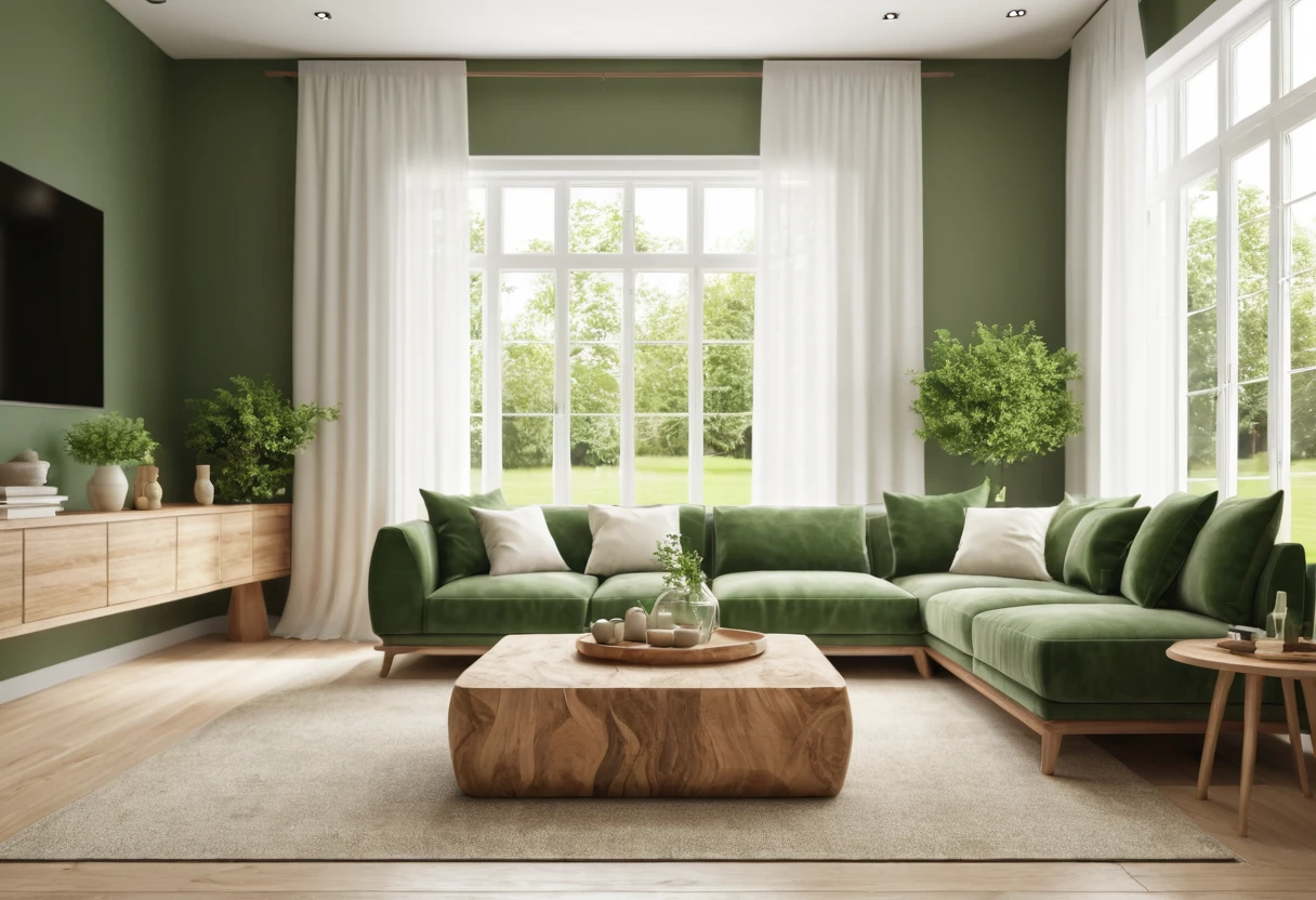 photo of Eco simple luxury living room interior style.
Using environmentally friendly materials, optimizing natural light and greenery.
Color: Green, brown, wood color, white. UHD, 8K, super highly detailed, Ultra super HD, Ultra sharpen image