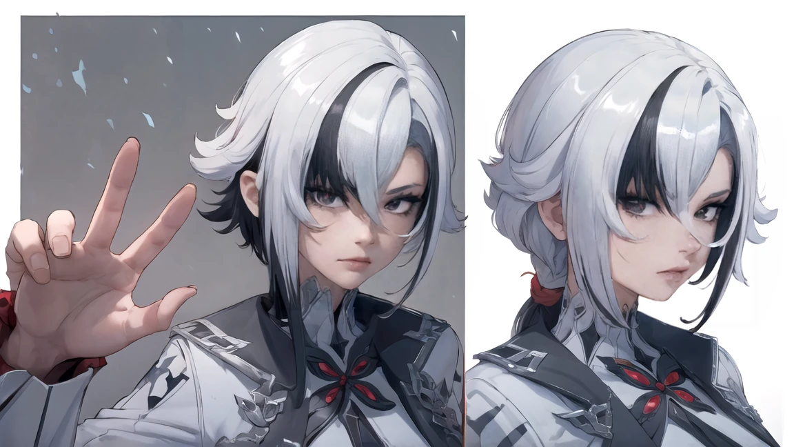 1 girl, thick outlines, comics, photorealistic, perfect hands, masterpiece:1.2, portrait, Focus on the eyes, red crosses instead of pupils, body and face close, ass pov, beautiful figure, red crosses instead of pupils, full length (full body 1.1), кафедральный cathedral, Dark, Gothic, detailed background, snow, cathedral, 1 girl, One, White hair, black hair, multicolored hair, X-shaped pupils, black eyes, Arles_suit, , detailed background, detailed face, detailed eyes,