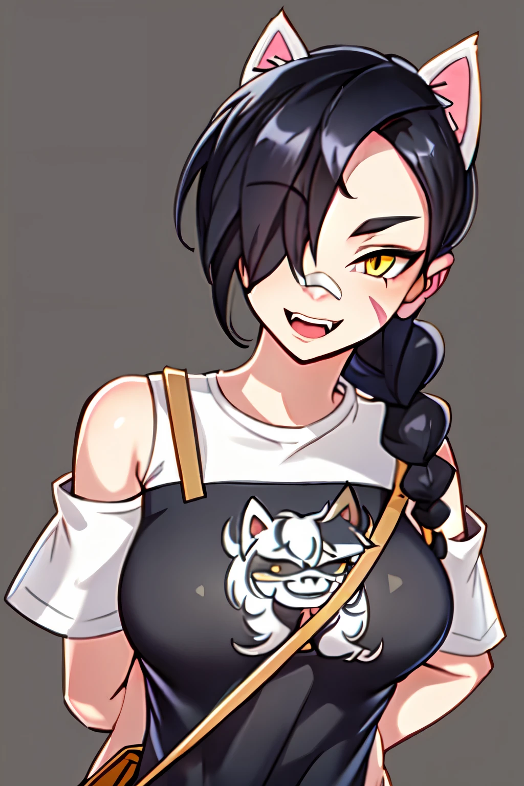 1girl, solo, long hair, looking at viewer, black hair, bandaid on face, yellow eyes, animal ears, smile, bandaid on nose, braid, cat ears, bandaid, bangs, breasts, fake animal ears, simple background, open mouth, fang, , bare shoulders, scar, teeth, shirt, bare shoulders, white shirt, short sleeves, closed mouth, t-shirt, hair over one eye, portrait, bag, hair over shoulder, shorts, fullbody shot