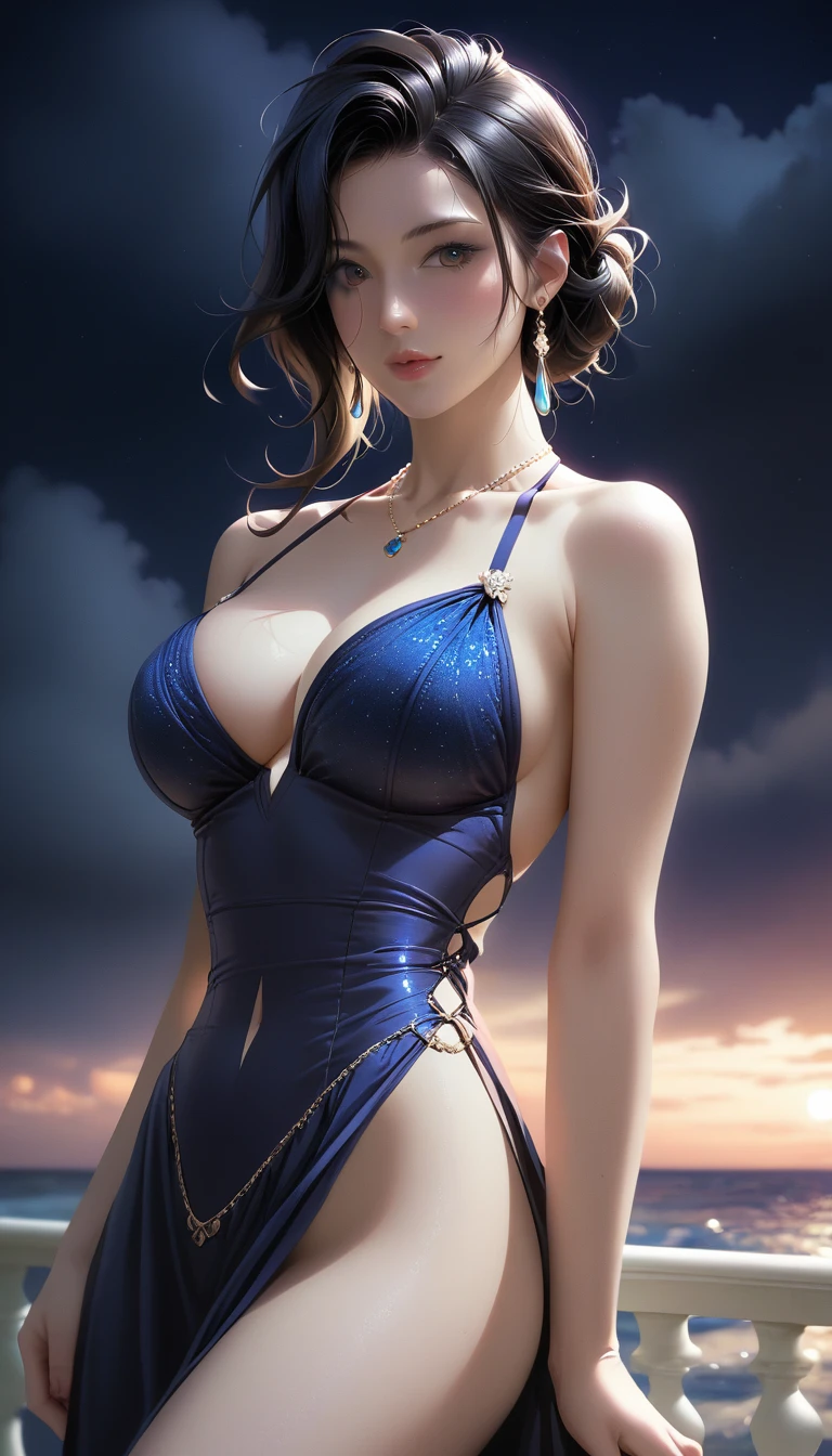 score_9, score_8_superior, score_7_superior, Masterpieces with up to 16K resolution,Highest quality,it is really amazing,Very detailed,Ultra-high resolution,Real,Realistic,Increased depth of field,Cinematic lighting,
sexy japanese milf,
Long black hair,(Ultra-detailed and beautiful faces:1.4),Translucent white skin,Very detailedな肌,
(Elegant resort dresses:1.2),
Artistic design,Beautiful and detailed pattern,Detailed fabric texture,
Gorgeous necklace,Earrings,
(A pitch black night sky with dark clouds:1.4),The coast before the storm,
delay々Continuing sandy beach,
(Cinematic Angle:1.3),