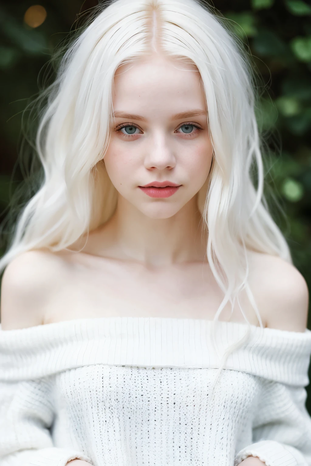 albino girl, white, muito white, Albinism, White hair, heterochromia, blonde, ful dressed, long white hair, 20 year ((best quality)), ((masterpiece)), (detailed), 1girl, off-shoulder sweater, 