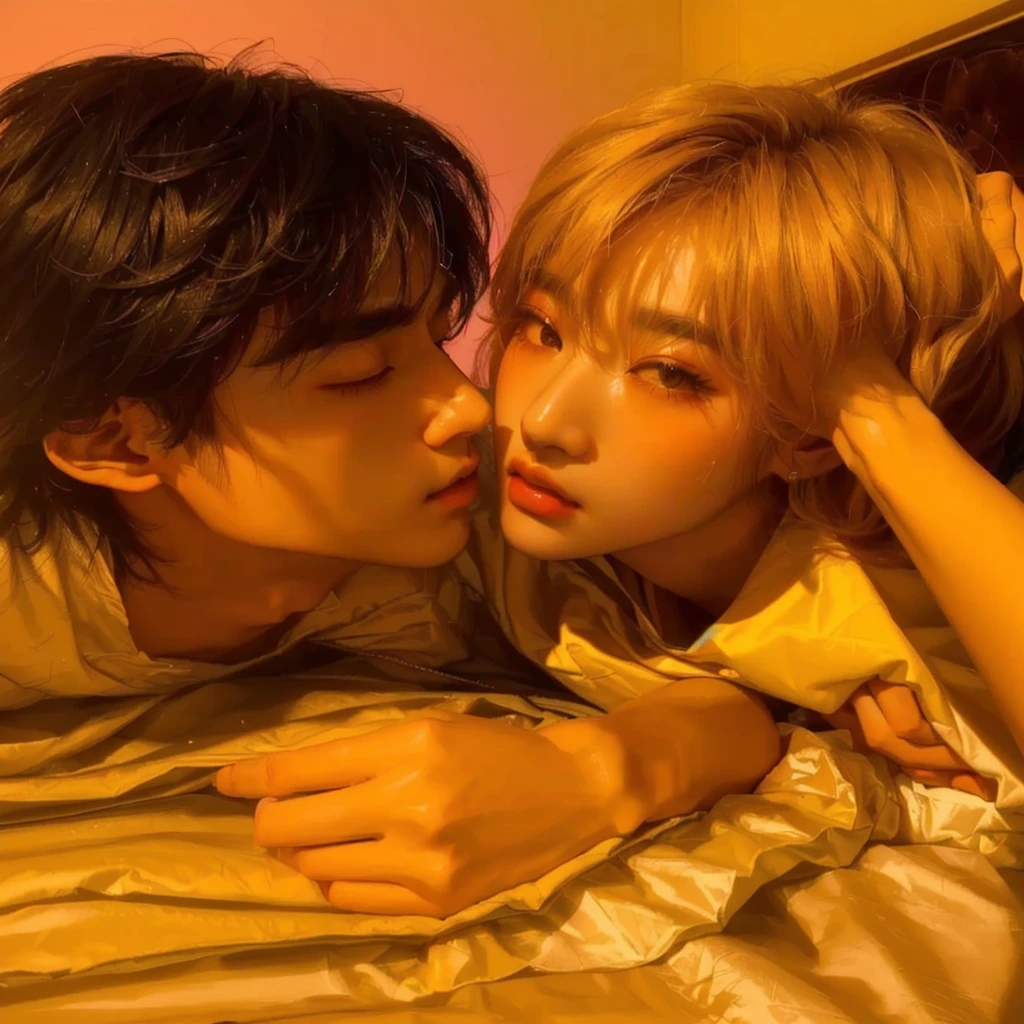 there are two people lying in a bed with a blanket, Cai Xu Kun, yaoi, Jinyoung Shin, alessio albi and shin jeongho, kissing together cutely, Kim Doyoung, jia, Sha Xi, jinyoung blackhead aesthetic, ❤🔥🍄🌪, ten reads, gunwoo kim y j.Dickenson