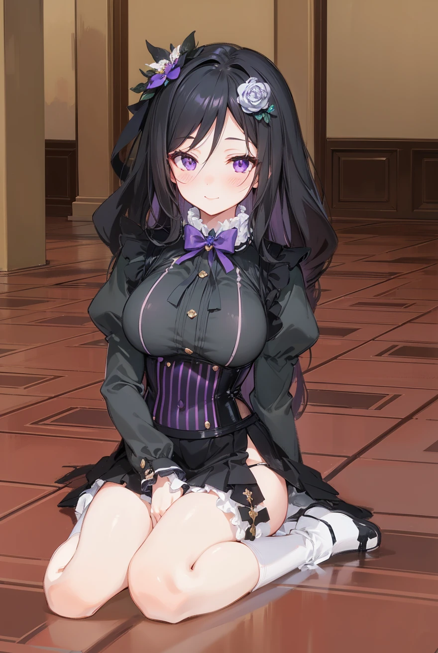 1girl, Long Hair, Black Hair, Breasts, sitting, Purple Eyes, Blush, Light Smile, Half-Closed Eye, Simple background, Hair Flower, Anime Style, Masterpiece