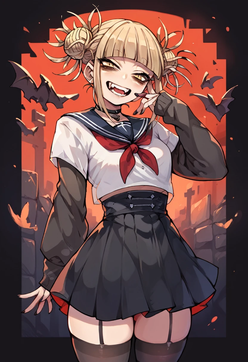 Himiko toga as she approaches and takes a photo and dresses in a sexy black gothic outfit., with black and revealing stockings and skirt (whole body) 